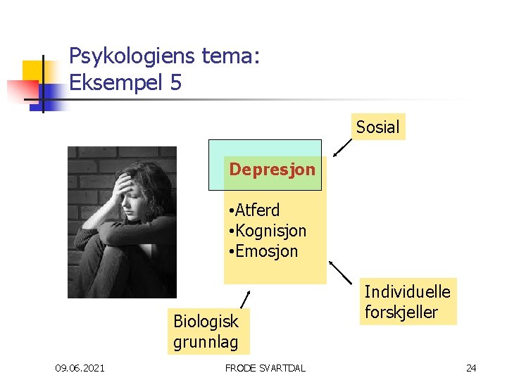 Psykologiens tema: Eksempel 5 Sosial Depresjon • Atferd • Kognisjon • Emosjon Biologisk grunnlag