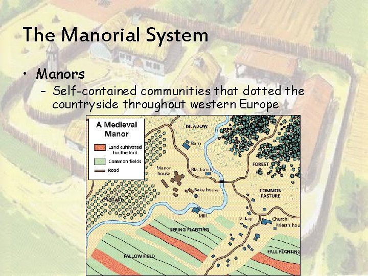 The Manorial System • Manors – Self-contained communities that dotted the countryside throughout western