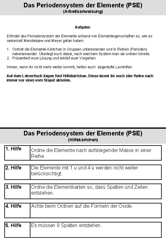 Das Periodensystem der Elemente (PSE) (Arbeitsanweisung) Aufgabe: Erfindet das Periodensystem der Elemente anhand von