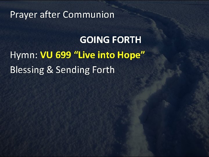 Prayer after Communion GOING FORTH Hymn: VU 699 “Live into Hope” Blessing & Sending