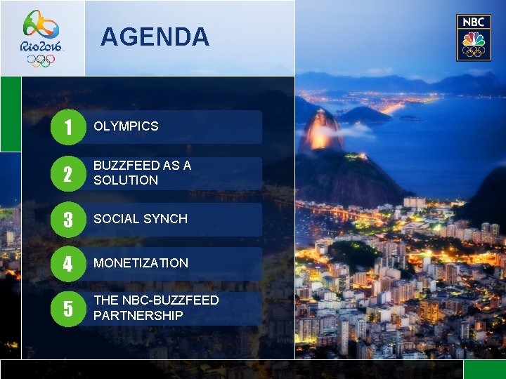 AGENDA 1 OLYMPICS 2 BUZZFEED AS A SOLUTION 3 SOCIAL SYNCH 4 MONETIZATION 5