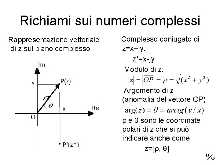 Richiami sui numeri complessi Rappresentazione vettoriale di z sul piano complesso Complesso coniugato di