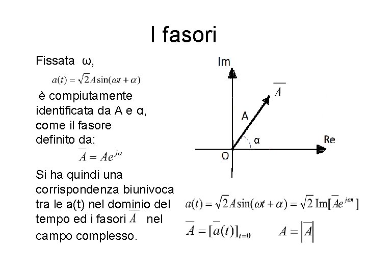 I fasori Fissata ω, è compiutamente identificata da A e α, come il fasore