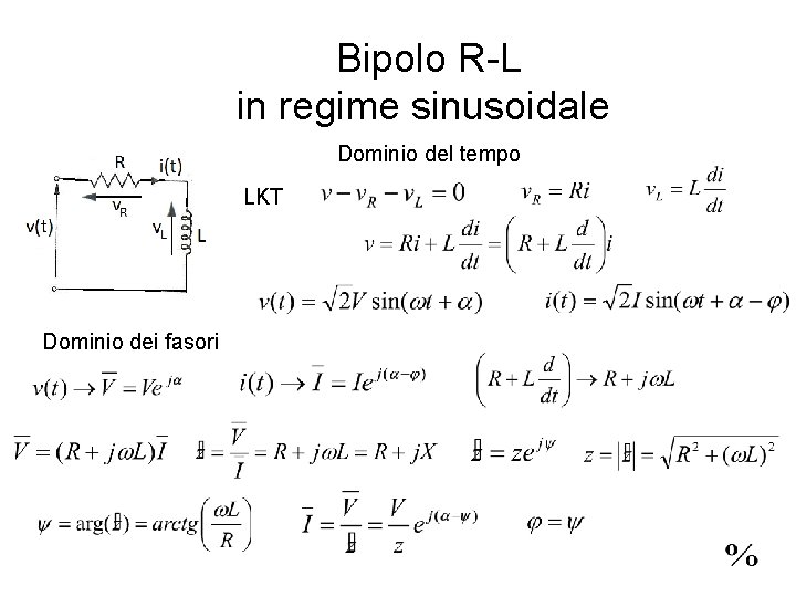 Bipolo R-L in regime sinusoidale Dominio del tempo LKT Dominio dei fasori 