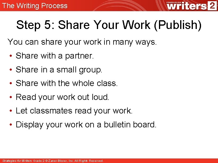 The Writing Process Step 5: Share Your Work (Publish) You can share your work