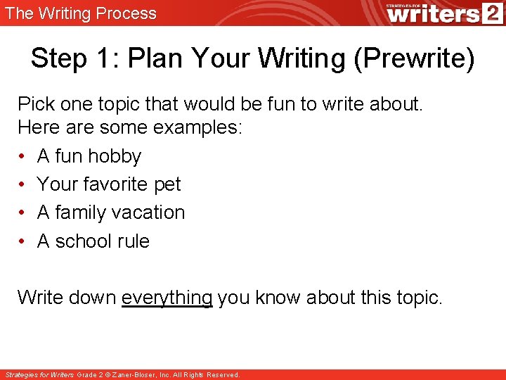 The Writing Process Step 1: Plan Your Writing (Prewrite) Pick one topic that would