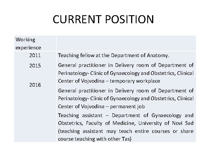 CURRENT POSITION Working experience 2011 2015 2016 Teaching fellow at the Department of Anatomy.