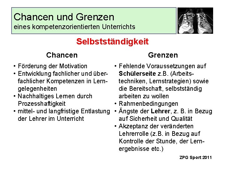 Chancen und Grenzen eines kompetenzorientierten Unterrichts Selbstständigkeit Chancen Grenzen • Fehlende Voraussetzungen auf •