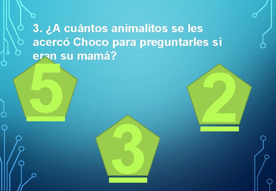 3. ¿A cuántos animalitos se les acercó Choco para preguntarles si eran su mamá?