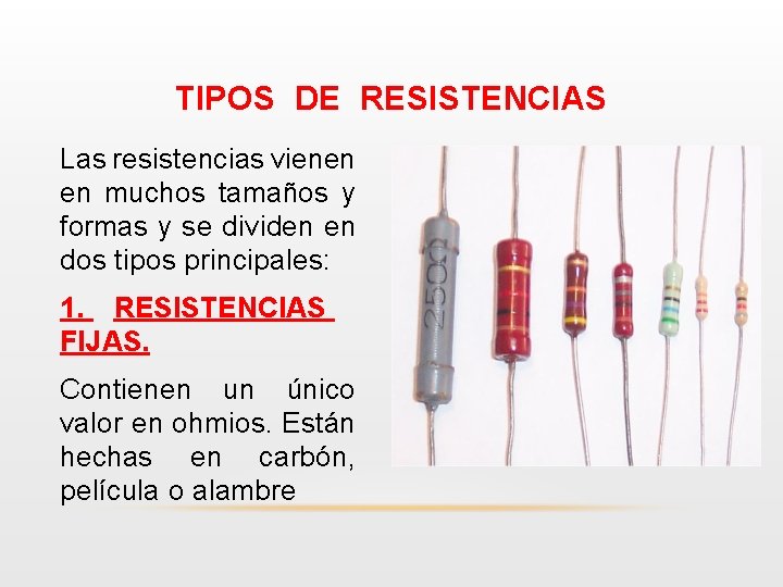 TIPOS DE RESISTENCIAS Las resistencias vienen en muchos tamaños y formas y se dividen