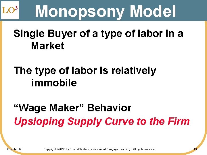LO 3 Monopsony Model Single Buyer of a type of labor in a Market