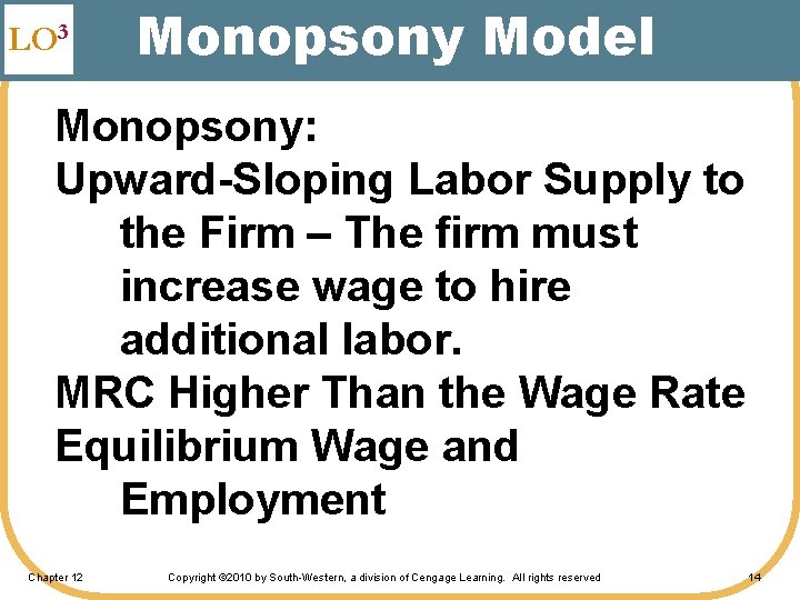 LO 3 Monopsony Model Monopsony: Upward-Sloping Labor Supply to the Firm – The firm