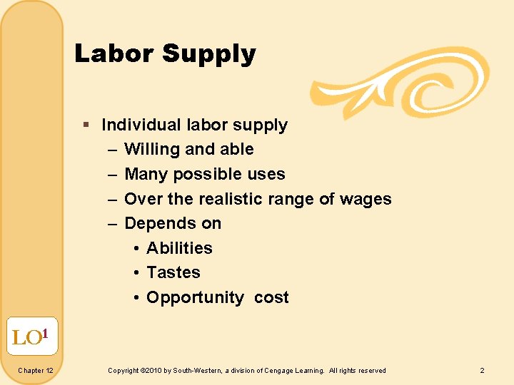 Labor Supply § Individual labor supply – Willing and able – Many possible uses