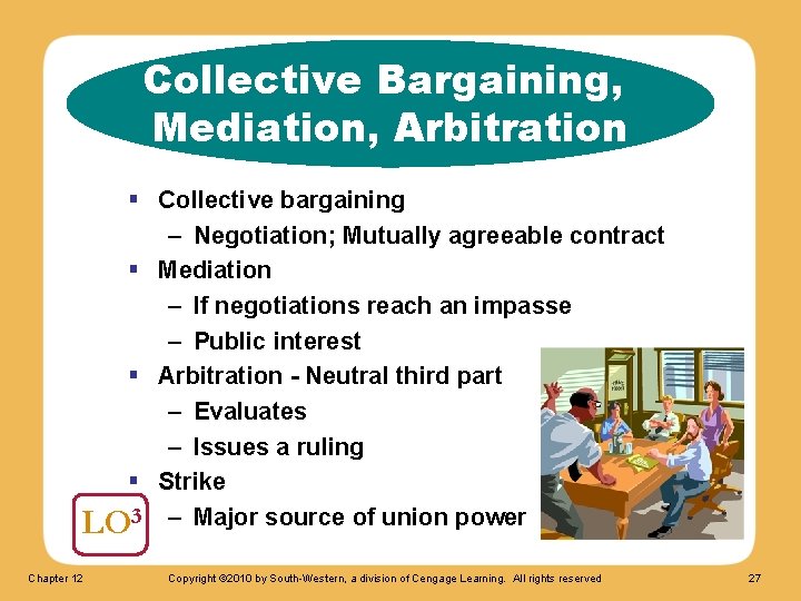 Collective Bargaining, Mediation, Arbitration § Collective bargaining – Negotiation; Mutually agreeable contract § Mediation