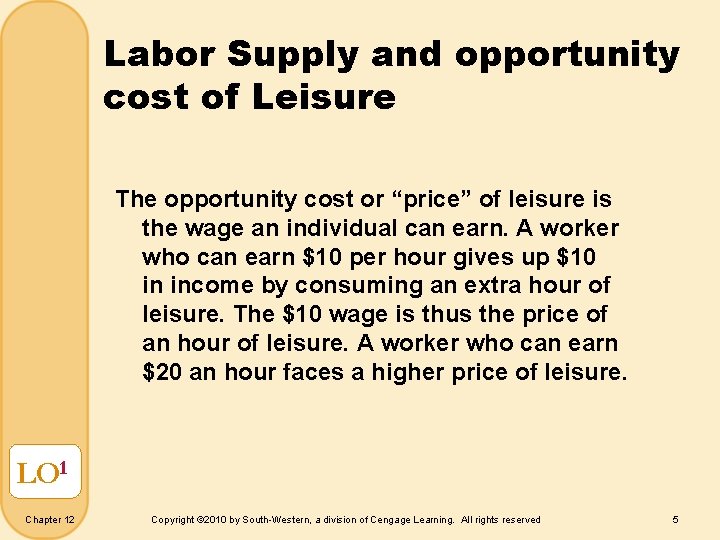 Labor Supply and opportunity cost of Leisure The opportunity cost or “price” of leisure
