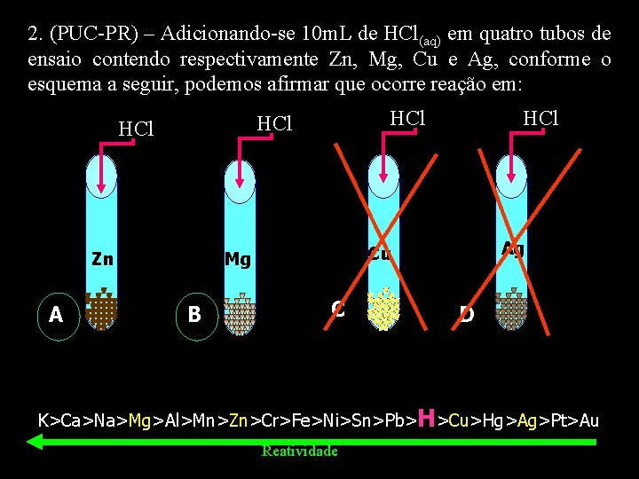 2. (PUC-PR) – Adicionando-se 10 m. L de HCl(aq) em quatro tubos de ensaio