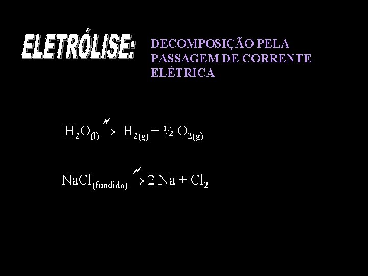 DECOMPOSIÇÃO PELA PASSAGEM DE CORRENTE ELÉTRICA H 2 O(l) H 2(g) + ½ O