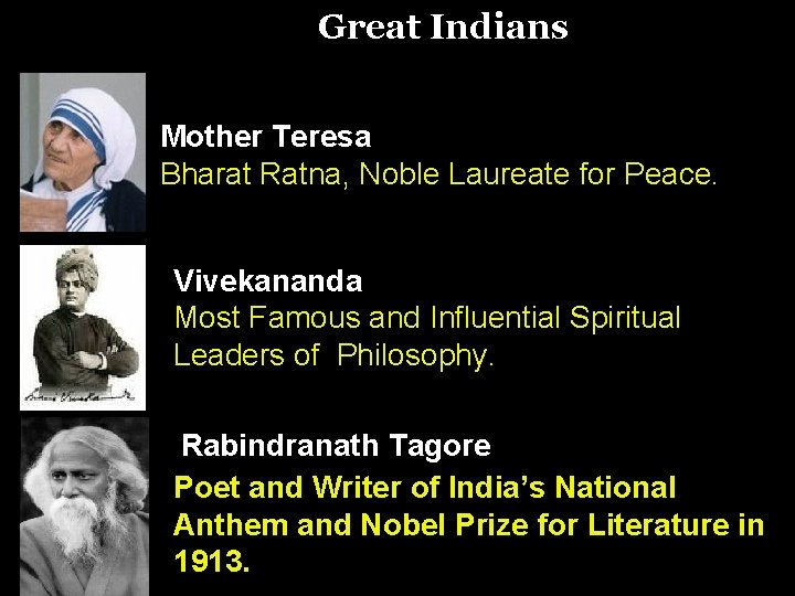 Great Indians Mother Teresa Bharat Ratna, Noble Laureate for Peace. Vivekananda Most Famous and