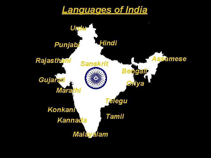 Languages of India Urdu Hindi Punjabi Rajasthani Sanskrit Assamese Bengali Gujarati Marathi Oriya Telegu