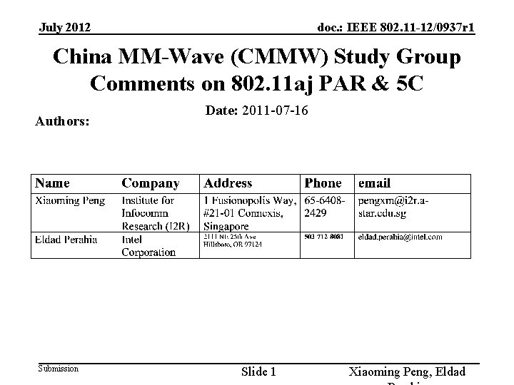 July 2012 doc. : IEEE 802. 11 -12/0937 r 1 China MM-Wave (CMMW) Study