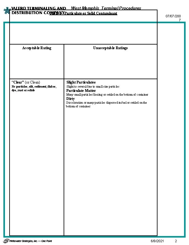 West Memphis Terminal Procedures Table 1 - Particulate or Solid Contaminant Acceptable Rating 07/07/200