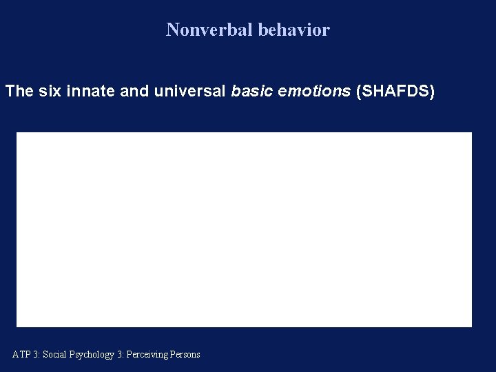 Nonverbal behavior The six innate and universal basic emotions (SHAFDS) ATP 3: Social Psychology