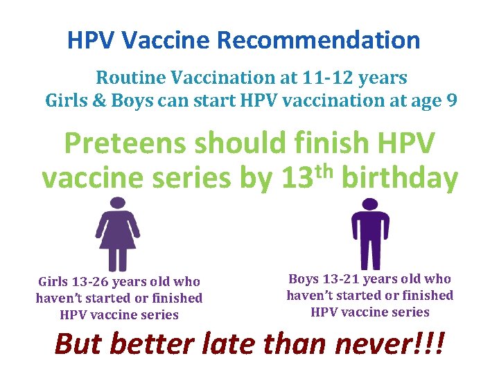 HPV Vaccine Recommendation Routine Vaccination at 11 -12 years Girls & Boys can start