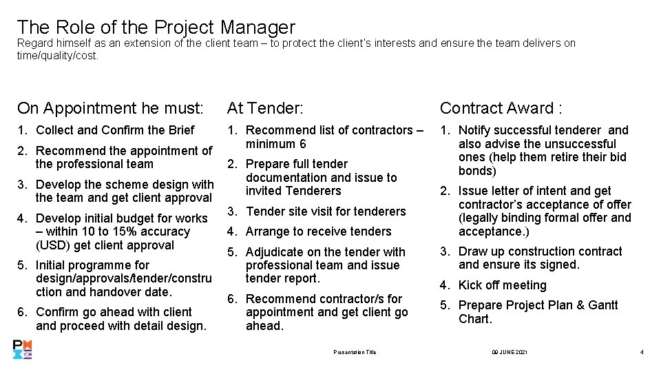 The Role of the Project Manager Regard himself as an extension of the client