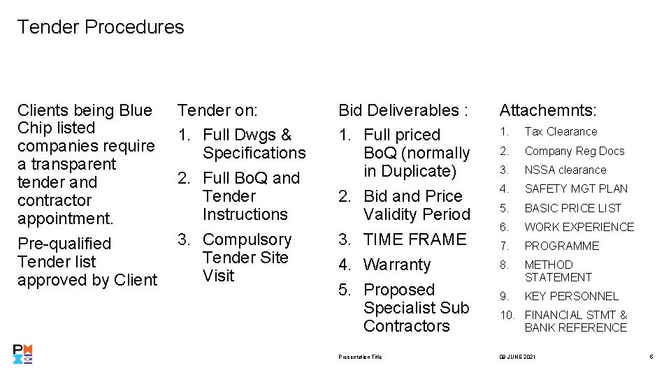 Tender Procedures Clients being Blue Chip listed companies require a transparent tender and contractor