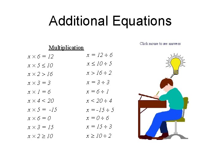 Additional Equations Multiplication x 6 = 12 x 5 10 x 2 16 x