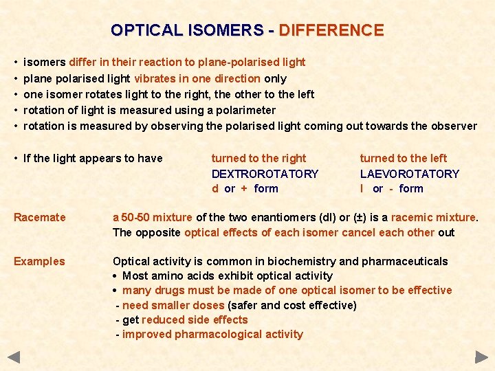 OPTICAL ISOMERS - DIFFERENCE • • • isomers differ in their reaction to plane-polarised