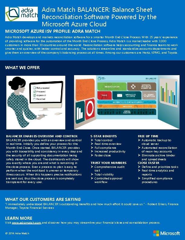 Adra Match BALANCER: Balance Sheet Reconciliation Software Powered by the Microsoft Azure Cloud MICROSOFT