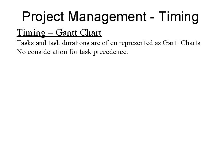 Project Management - Timing – Gantt Chart Tasks and task durations are often represented