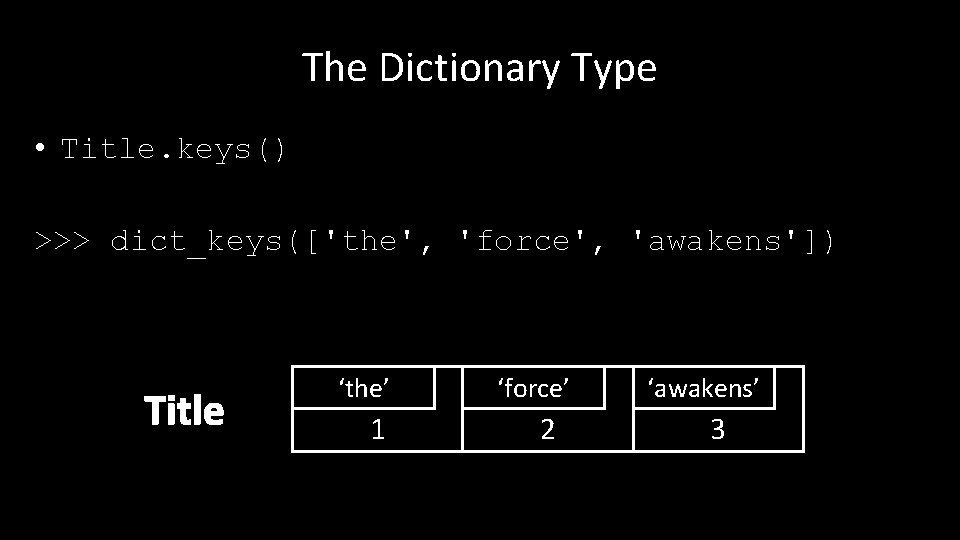 The Dictionary Type • Title. keys() >>> dict_keys(['the', 'force', 'awakens']) Title ‘the’ 1 ‘force’