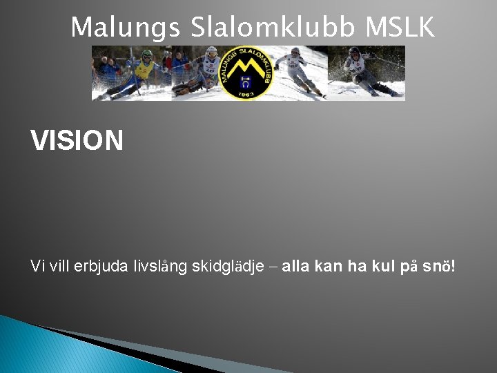 Malungs Slalomklubb MSLK VISION Vi vill erbjuda livslång skidglädje – alla kan ha kul