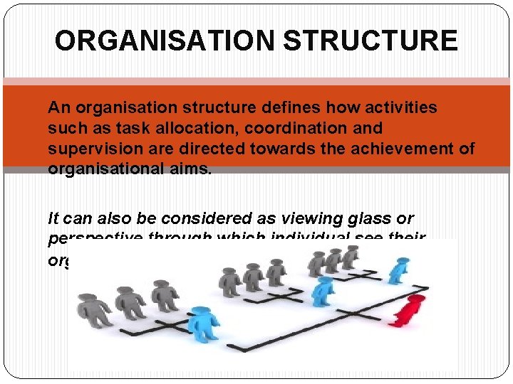 ORGANISATION STRUCTURE An organisation structure defines how activities such as task allocation, coordination and