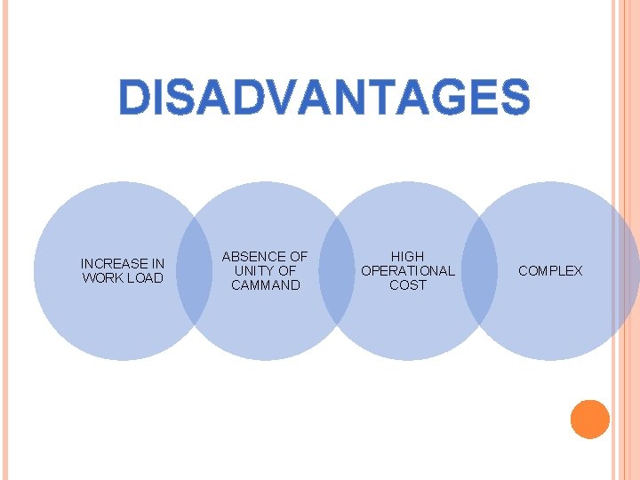 DISADVANTAGES INCREASE IN WORK LOAD ABSENCE OF UNITY OF CAMMAND HIGH OPERATIONAL COST COMPLEX