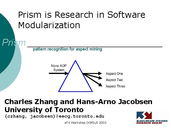 Prism is Research in Software Modularization Prism pattern recognition for aspect mining Charles Zhang