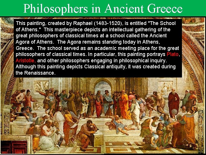 Philosophers in Ancient Greece This painting, created by Raphael (1483 -1520), is entitled "The