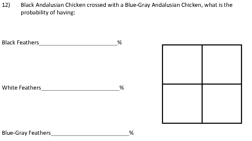 12) Black Andalusian Chicken crossed with a Blue-Gray Andalusian Chicken, what is the probability