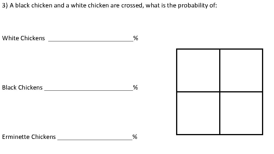 3) A black chicken and a white chicken are crossed, what is the probability