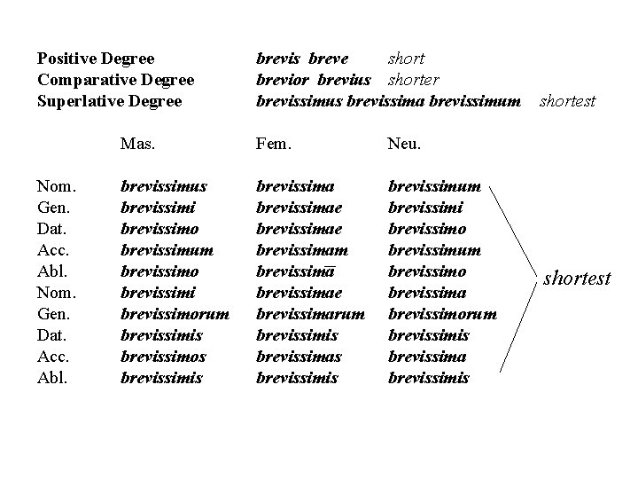 Positive Degree Comparative Degree Superlative Degree Nom. Gen. Dat. Acc. Abl. brevis breve short