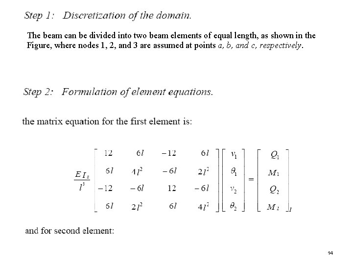 The beam can be divided into two beam elements of equal length, as shown