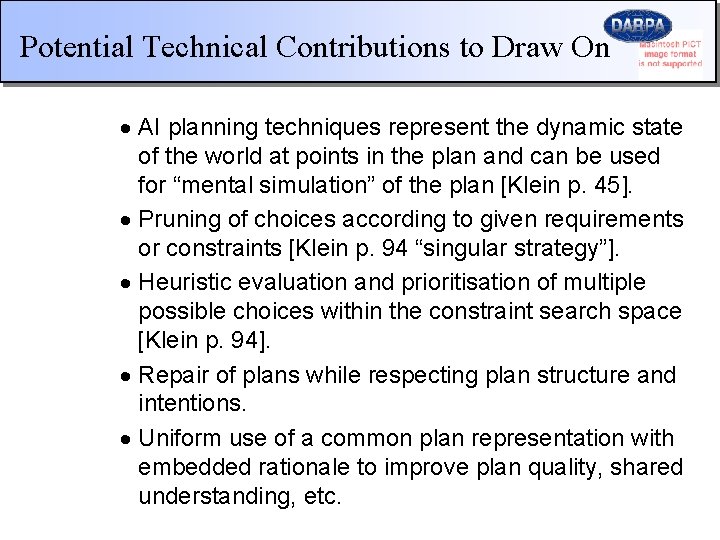 Potential Technical Contributions to Draw On · AI planning techniques represent the dynamic state