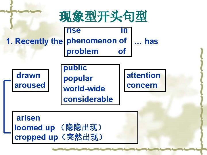 现象型开头句型 rise in 1. Recently the phenomenon of … has problem of drawn aroused