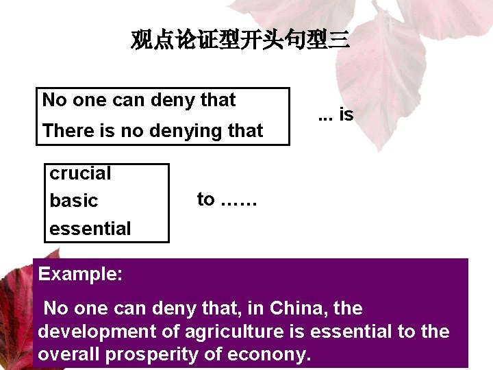 观点论证型开头句型三 No one can deny that There is no denying that crucial basic essential