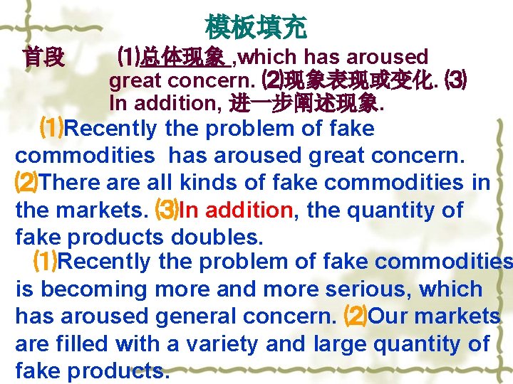 模板填充 首段 ⑴总体现象 , which has aroused great concern. ⑵现象表现或变化. ⑶ In addition, 进一步阐述现象.