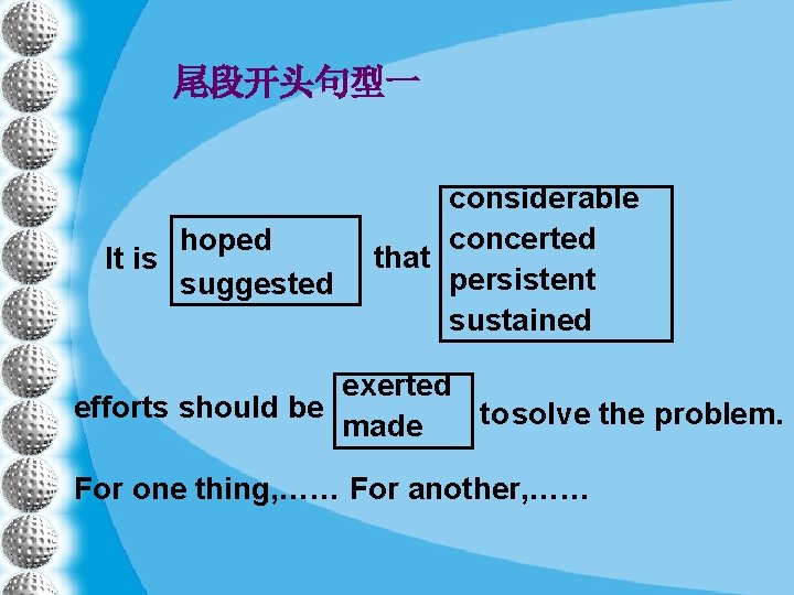 尾段开头句型一 hoped It is suggested considerable concerted that persistent sustained exerted efforts should be