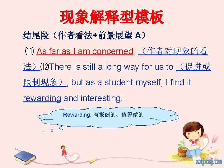 现象解释型模板 结尾段（作者看法+前景展望 A） ⑾ As far as I am concerned, （作者对现象的看 法）⑿There is still