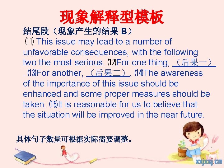现象解释型模板 结尾段（现象产生的结果 B） ⑾ This issue may lead to a number of unfavorable consequences,